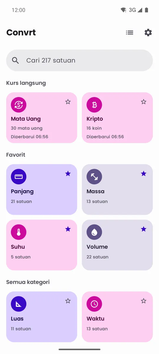 Layar beranda Convrt berisi kartu kurs langsung dan grid kategori satuan