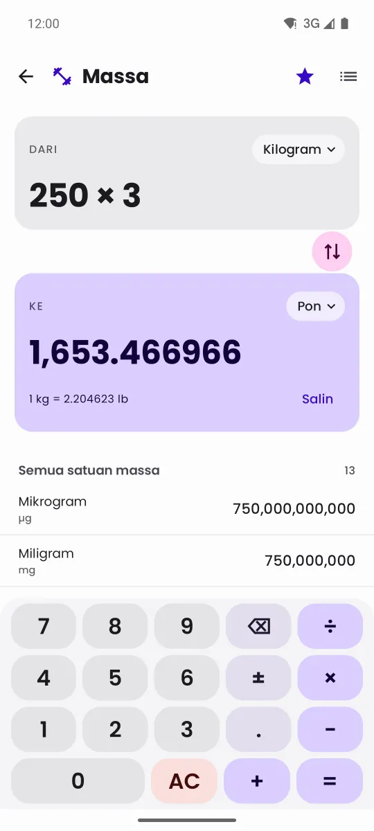 Layar konverter massa menampilkan 250 x 3 dengan kolom operator di keypad