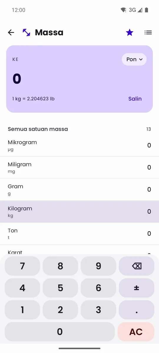 Daftar seluruh satuan massa yang ikut terkonversi dalam satu layar