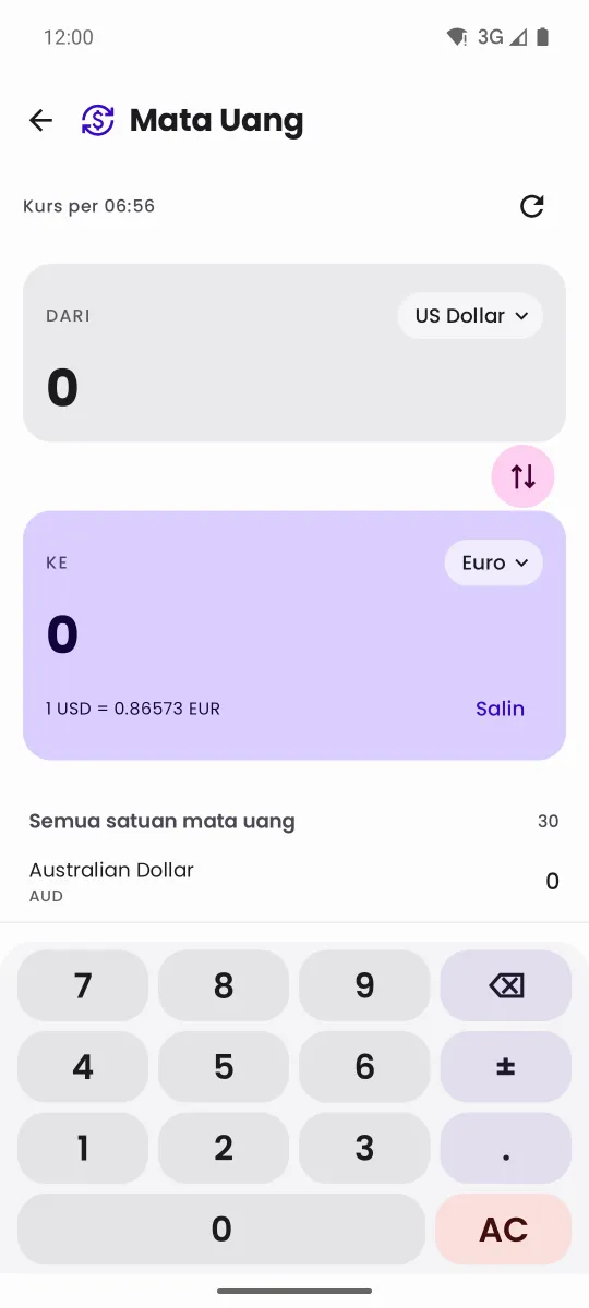 Layar konversi mata uang Convrt yang menampilkan waktu pengambilan kurs