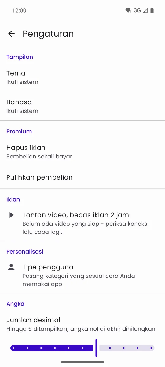 Layar pengaturan Convrt dengan opsi tema, bahasa, dan format angka