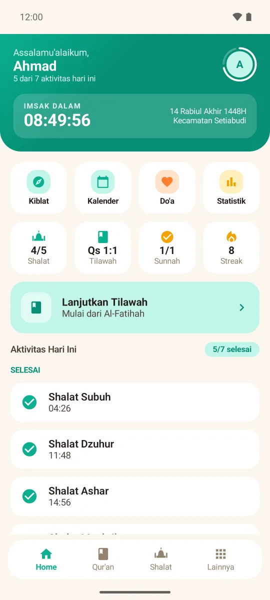 Beranda Istiqomah: hitung mundur ke waktu shalat berikutnya, pintasan Kiblat, Kalender, Do'a, dan Statistik, lalu checklist aktivitas hari ini