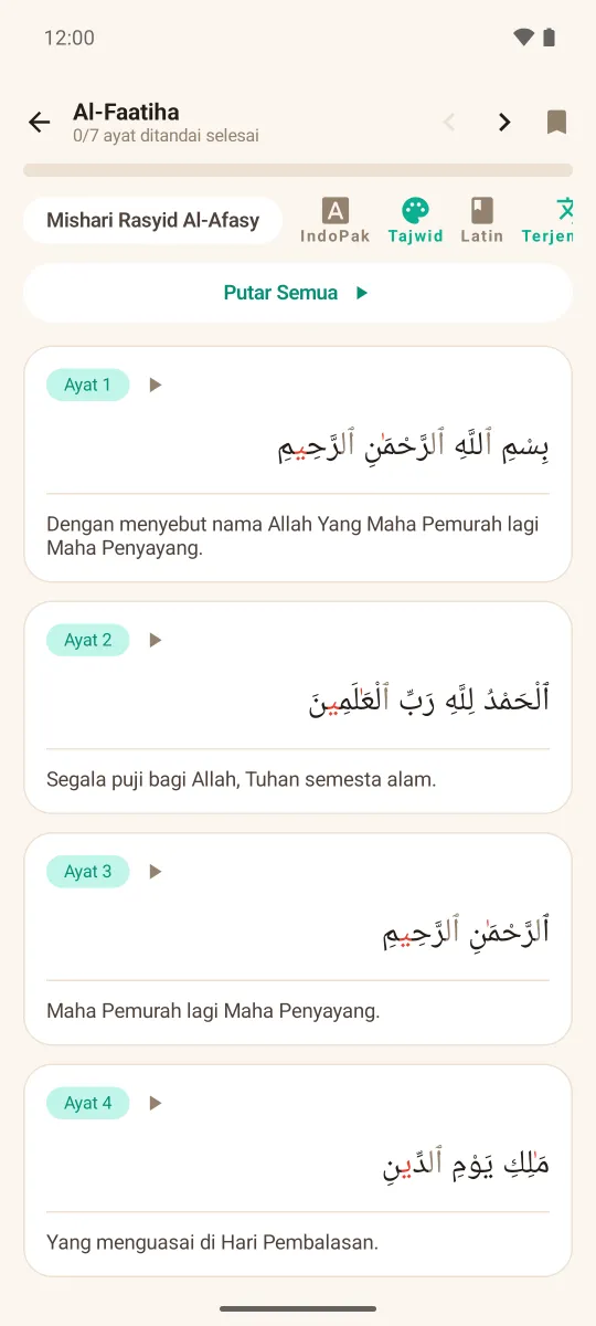 Pembaca surah Al-Faatiha dengan teks Arab berwarna tajwid dan terjemahan Indonesia per ayat