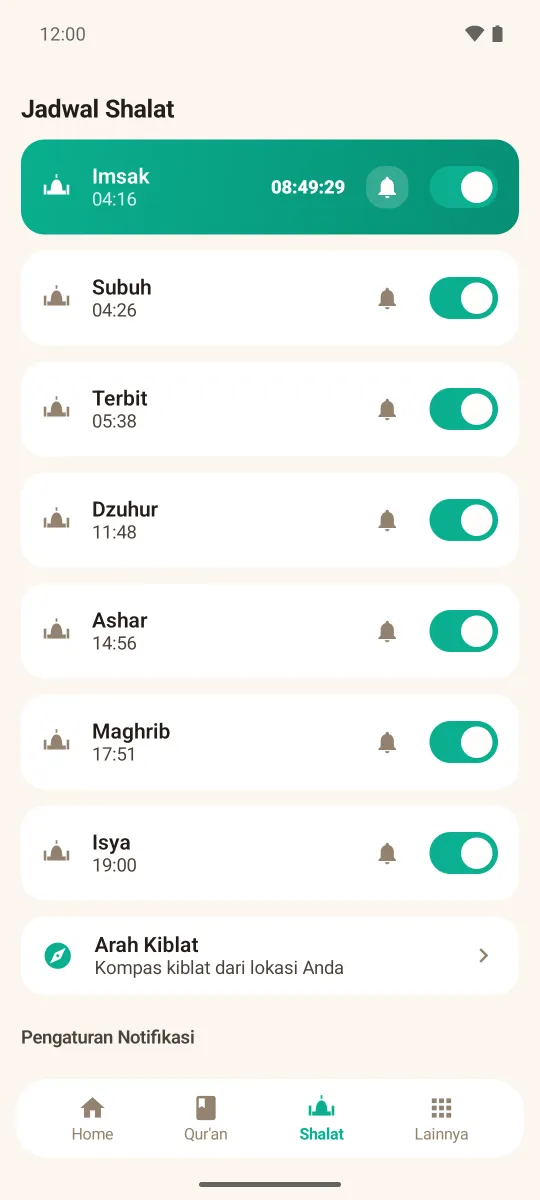 Daftar jadwal shalat hari ini dari Imsak sampai Isya, dengan sakelar pengingat di tiap waktu