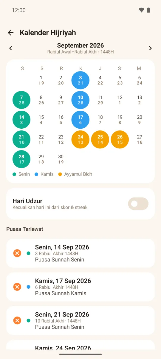 Kalender bulanan Masehi dan Hijriyah dengan hari puasa Senin, Kamis, dan Ayyamul Bidh diberi warna