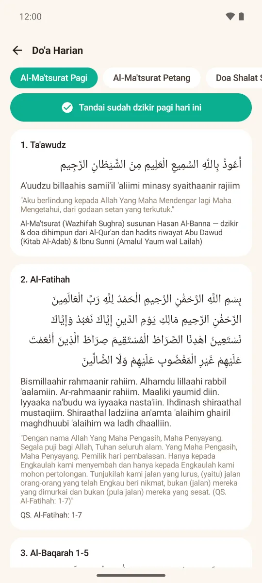 Bacaan Al-Ma'tsurat pagi dengan teks Arab, latin, dan arti