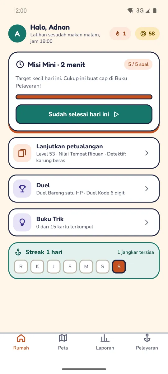Pulau Rumah Jelajah Angka: kartu Misi Mini 2 menit yang sudah selesai, tombol lanjutkan petualangan, Duel, Buku Trik, dan streak satu hari