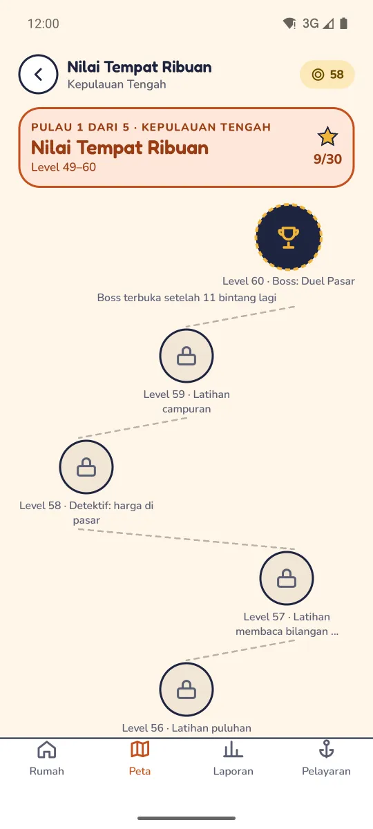Peta pulau Nilai Tempat Ribuan dengan jalur level 56 sampai 60 dan boss Duel Pasar di puncak