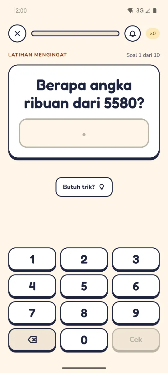 Layar latihan dengan soal berapa angka ribuan dari 5580, keypad angka besar, dan tombol Butuh trik