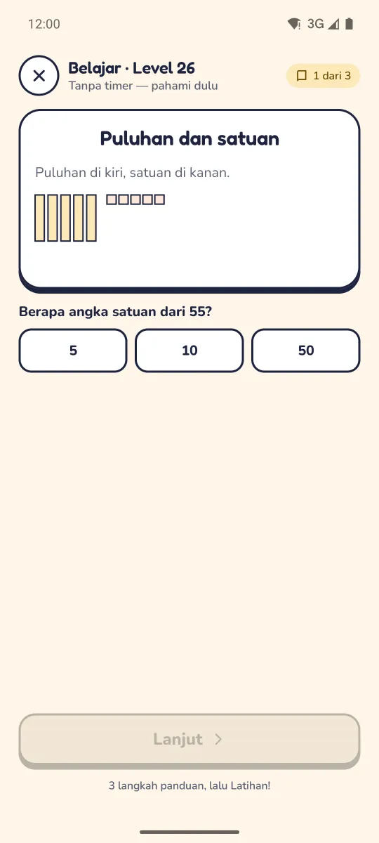 Level Belajar puluhan dan satuan dengan balok nilai tempat untuk angka 55 dan tiga pilihan jawaban
