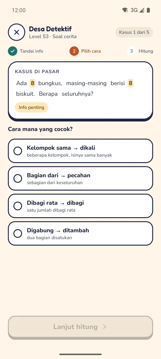 Desa Detektif tahap dua: soal cerita 8 bungkus berisi 8 biskuit dengan angka yang ditandai dan empat pilihan cara