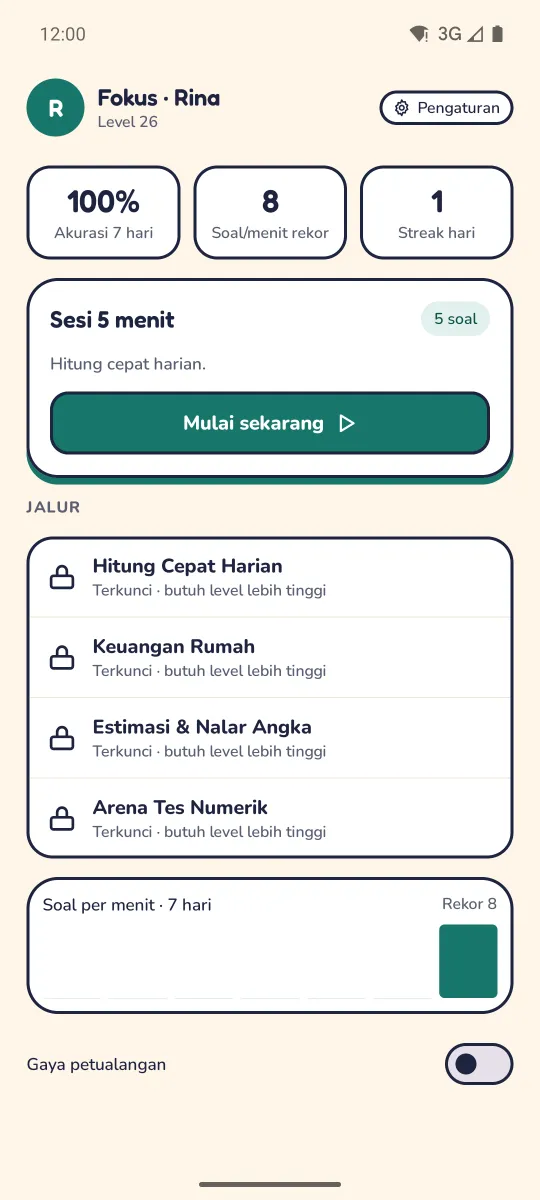 Mode Fokus profil dewasa Rina: akurasi 7 hari, rekor soal per menit, sesi 5 menit, dan empat jalur dewasa