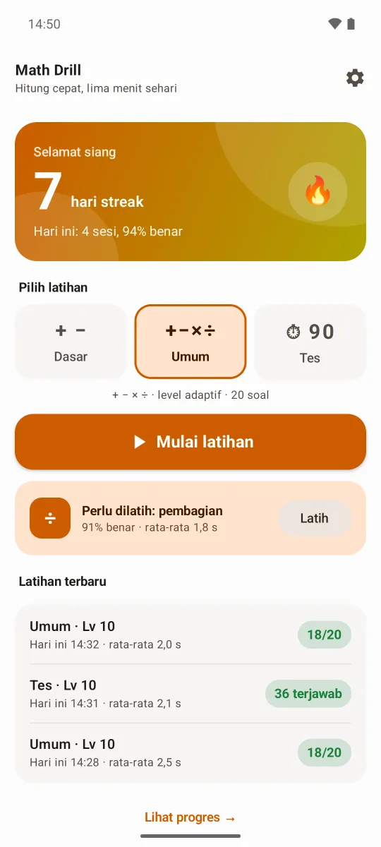 Beranda Math Drill dengan streak 7 hari, tiga pilihan latihan, kartu operasi terlemah pembagian, dan daftar latihan terbaru