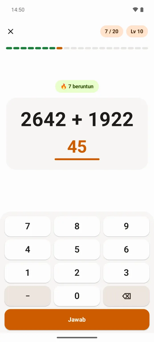Layar latihan dengan soal penjumlahan empat digit, jawaban yang sedang diketik, pita 7 beruntun, dan keypad angka