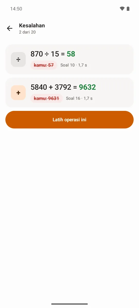 Layar kesalahan berisi dua soal yang salah, jawaban benar berwarna hijau, dan jawaban yang diketik dicoret merah