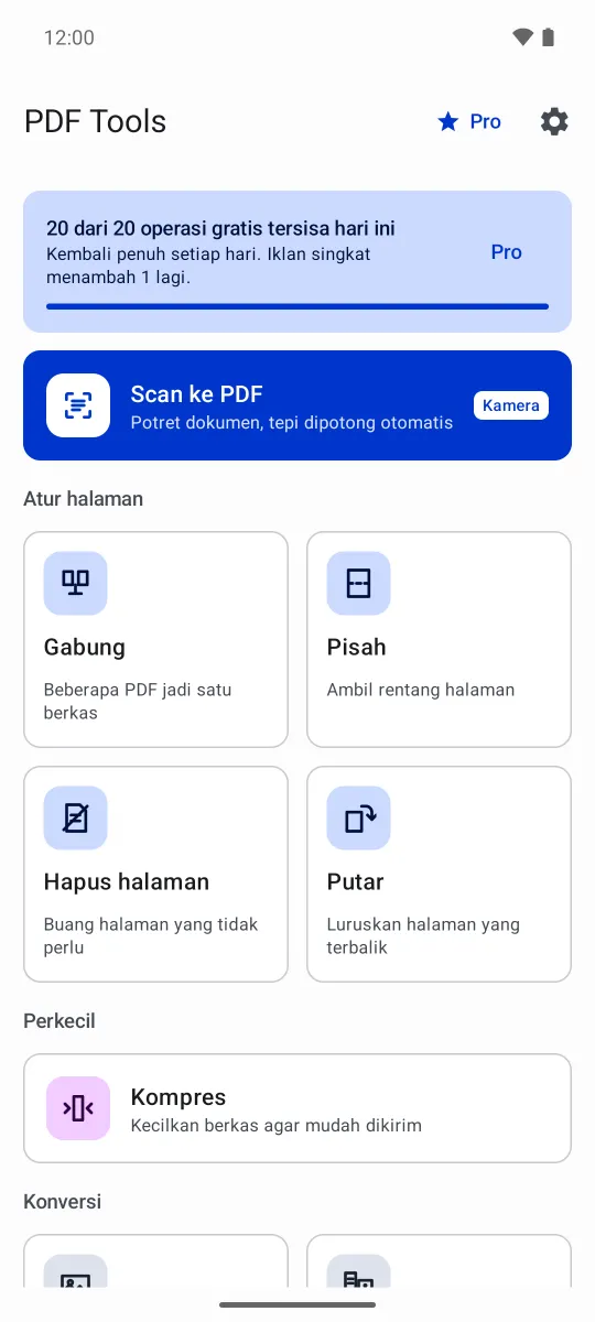Beranda PDF Tools dengan kartu jatah 20 operasi, ubin Scan ke PDF, dan kartu alat yang dikelompokkan