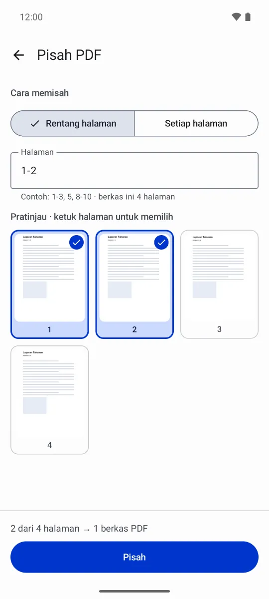 Layar Pisah PDF dengan rentang halaman 1-2 terisi dan grid pratinjau empat halaman