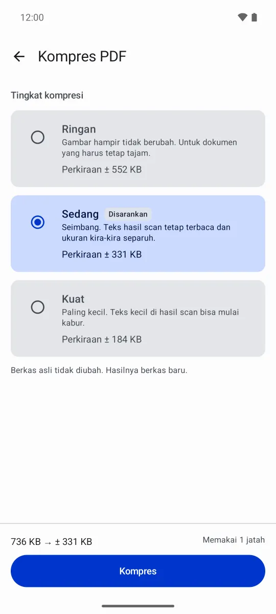 Layar Kompres PDF dengan tiga tingkat kompresi, masing-masing menampilkan perkiraan ukuran