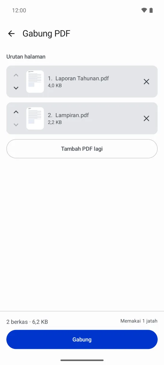 Layar Gabung PDF berisi dua berkas yang urutannya bisa dinaik-turunkan