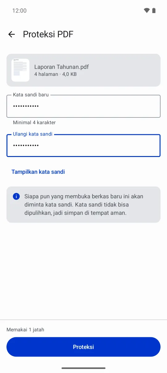 Layar Proteksi PDF dengan dua kolom kata sandi dan catatan bahwa kata sandi tidak bisa dipulihkan