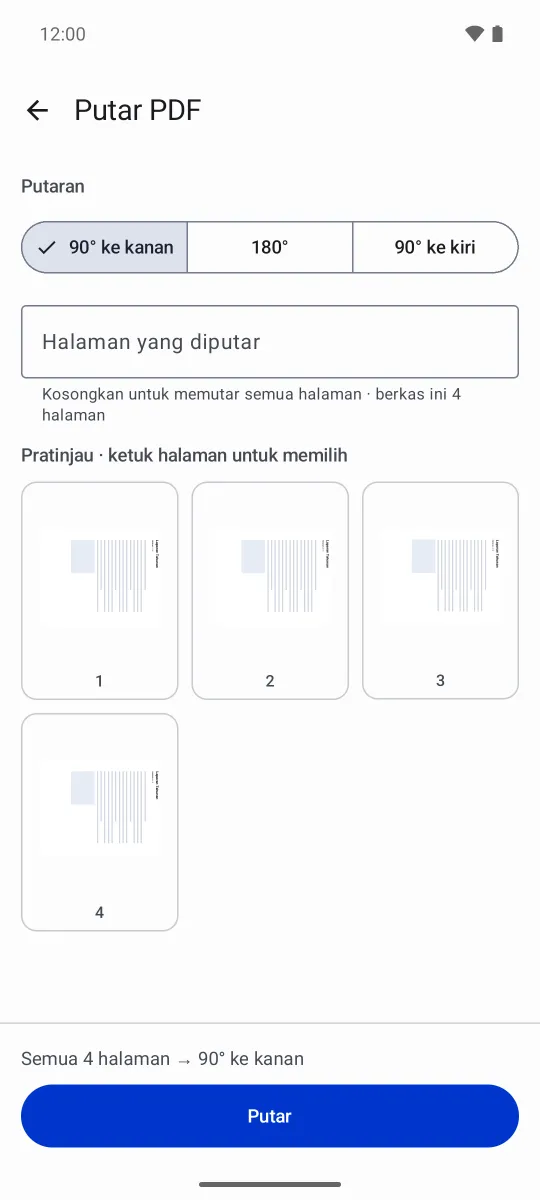 Layar Putar PDF dengan pilihan sudut 90 derajat dan pratinjau halaman yang sudah ikut diputar