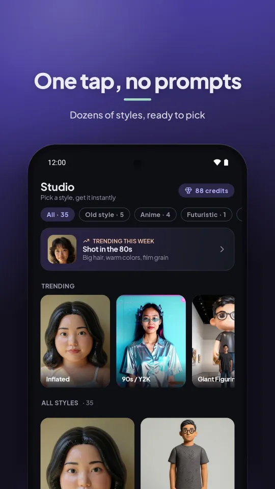 Layar Studio: grid kartu style dengan contoh hasil, filter kategori, dan saldo kredit di pojok kanan atas.