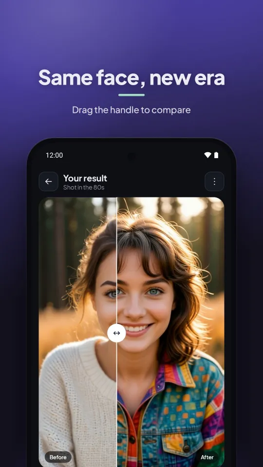 Layar hasil dengan penggeser before-after, tombol bagikan ke Status WhatsApp, simpan, dan perbesar resolusi.