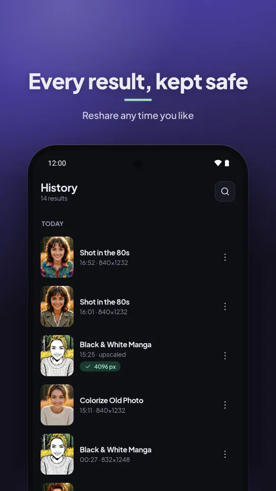 Layar Riwayat berisi daftar hasil sebelumnya lengkap dengan nama style, jam, dan resolusinya.