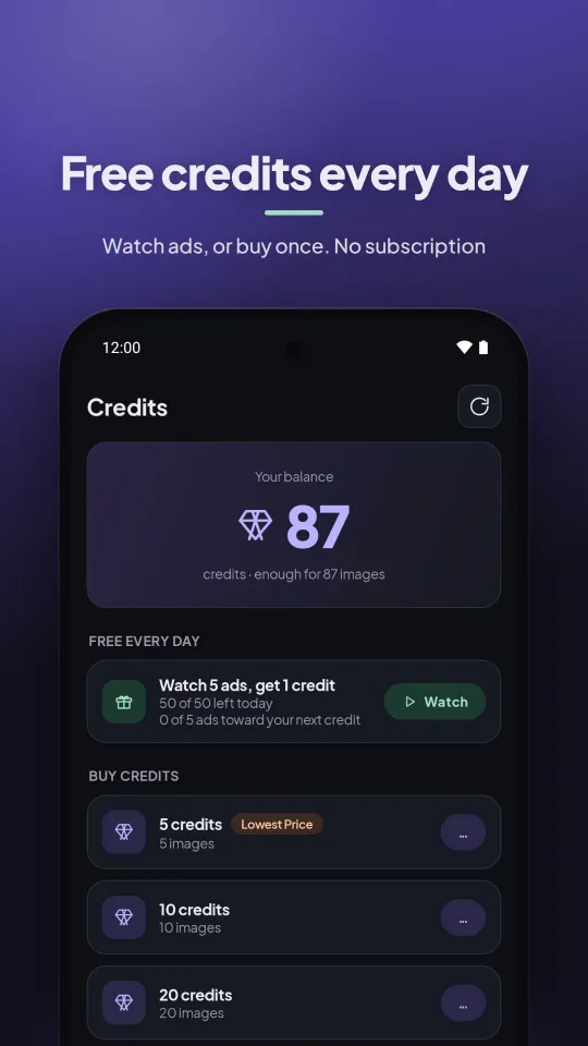 Layar Kredit: saldo, jatah iklan gratis hari ini, dan daftar paket kredit sekali bayar.