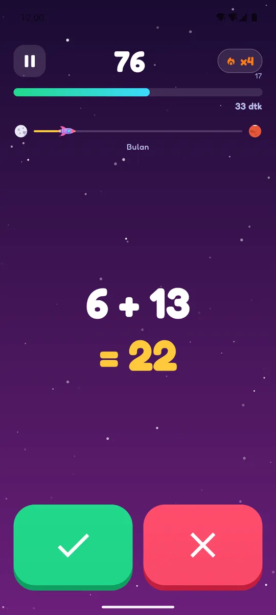 Layar permainan Adu Waktu: skor 76, combo x4, sisa 33 detik, roket di jalur menuju Bulan, soal 6 + 13 = 22, dan tombol benar hijau serta salah merah