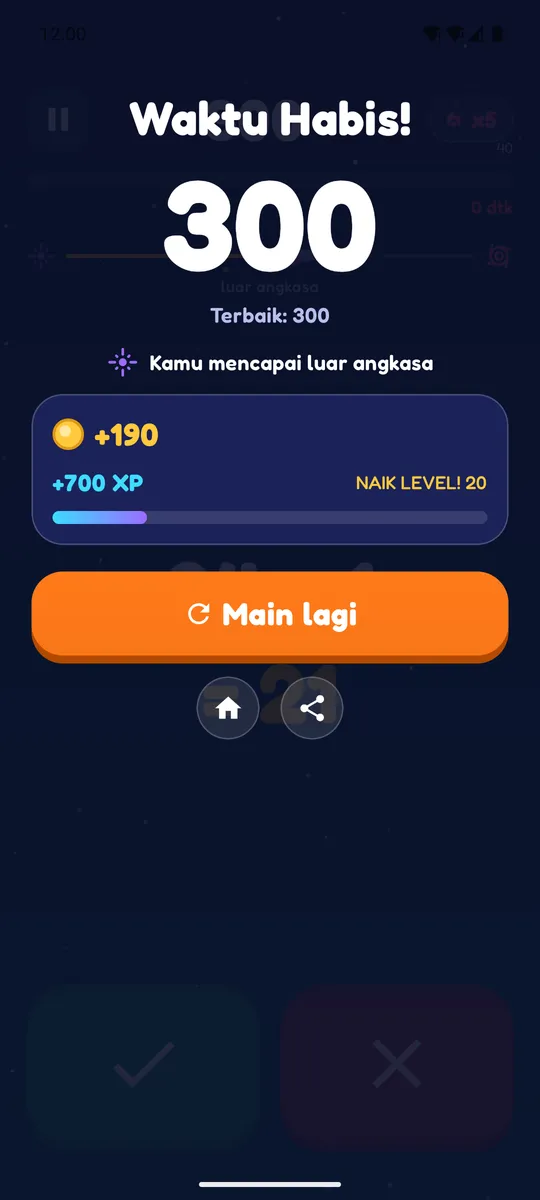 Layar Waktu Habis dengan skor 300, terbaik 300, tulisan kamu mencapai luar angkasa, +190 koin, +700 XP, naik level 20, dan tombol Main lagi