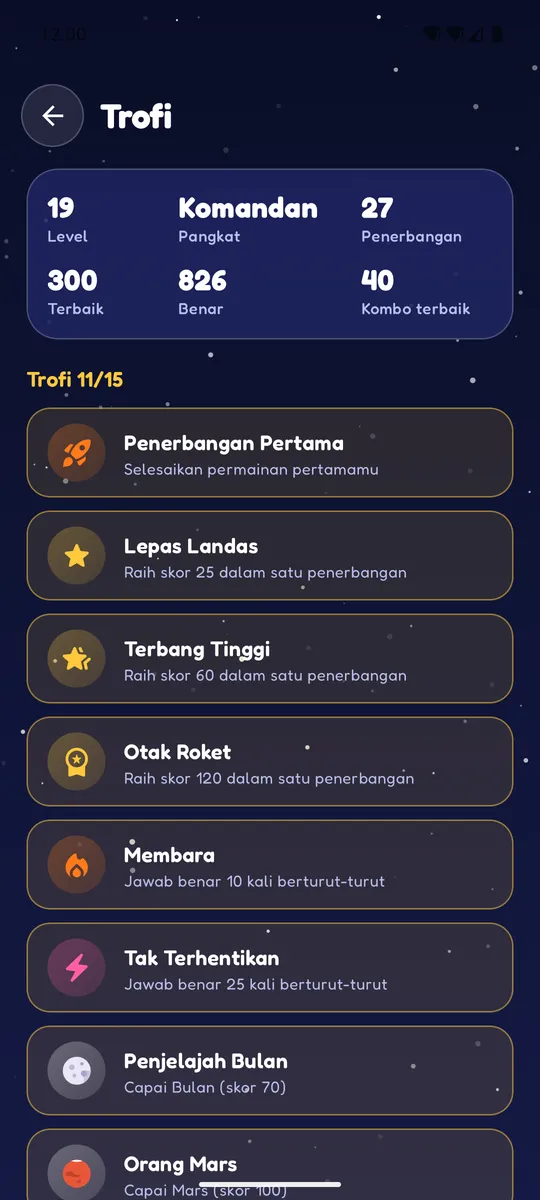 Layar trofi dengan level 19, pangkat Komandan, 27 penerbangan, skor terbaik 300, 826 jawaban benar, kombo terbaik 40, dan daftar trofi 11 dari 15