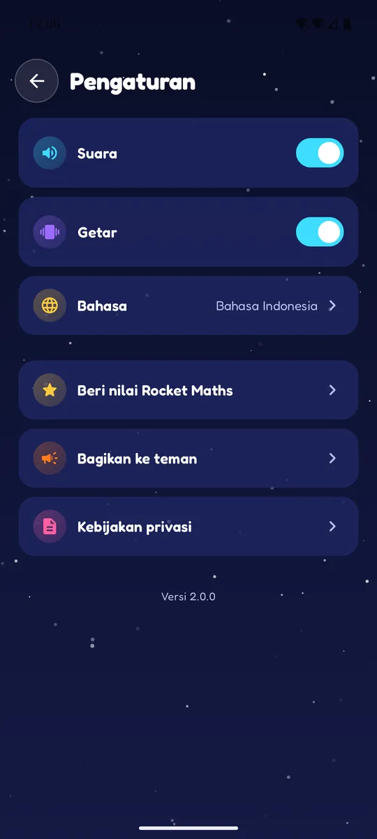 Pengaturan dengan saklar suara dan getar, pilihan bahasa Bahasa Indonesia, beri nilai, bagikan ke teman, dan kebijakan privasi