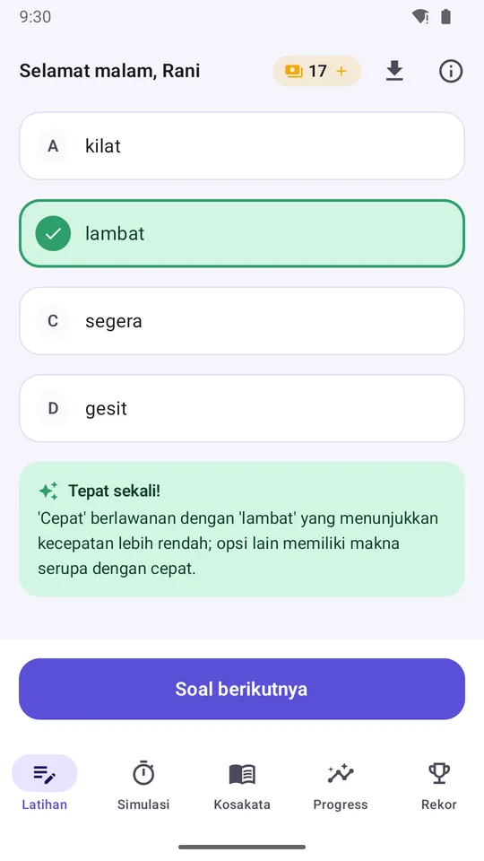 Practice screen showing the correct answer highlighted in green with its explanation.