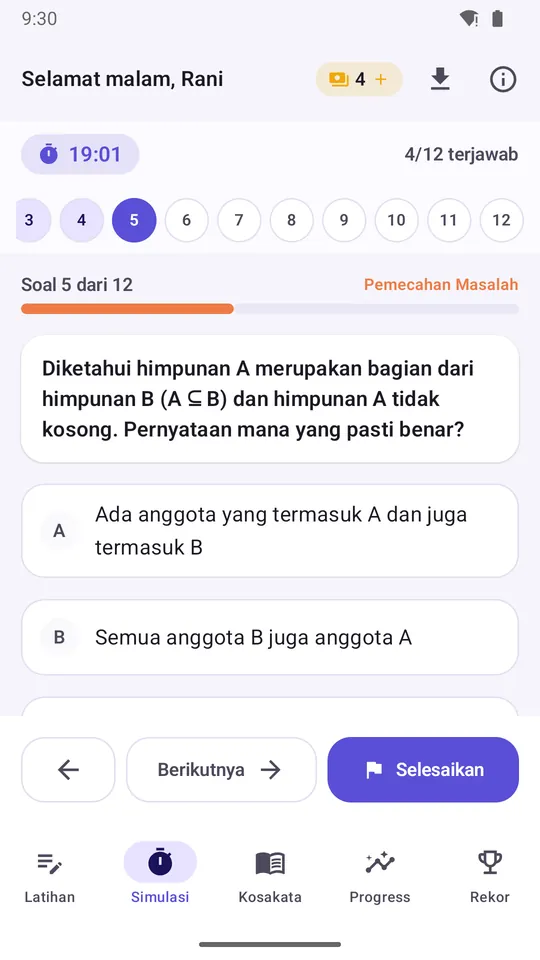 A simulation in progress with a countdown timer and question number.