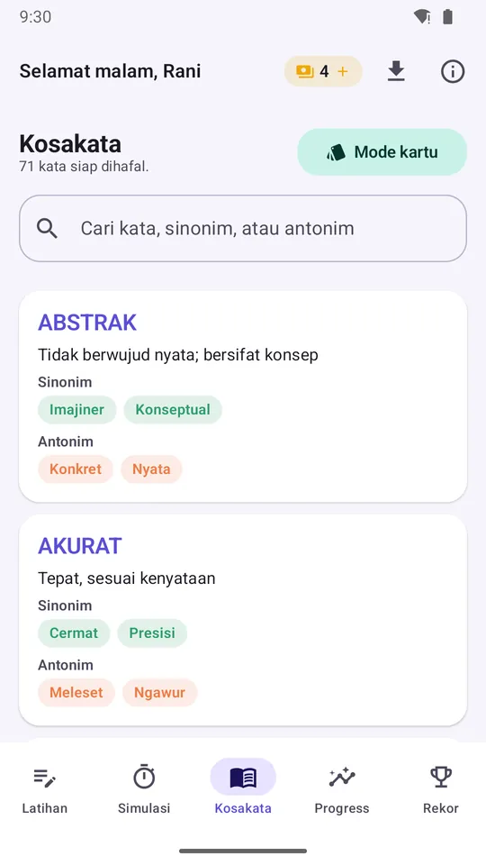 Vocabulary dictionary listing meanings, synonyms, and antonyms for each word.