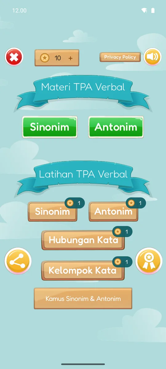Menu utama TPA Verbal dengan tombol Materi (Sinonim, Antonim) dan Latihan (Sinonim, Antonim, Hubungan Kata, Kelompok Kata) serta Kamus Sinonim & Antonim