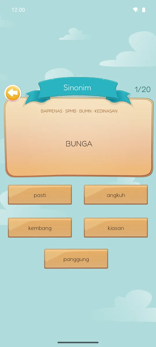 Layar latihan Sinonim soal 1 dari 20 dengan kata BUNGA dan lima pilihan jawaban