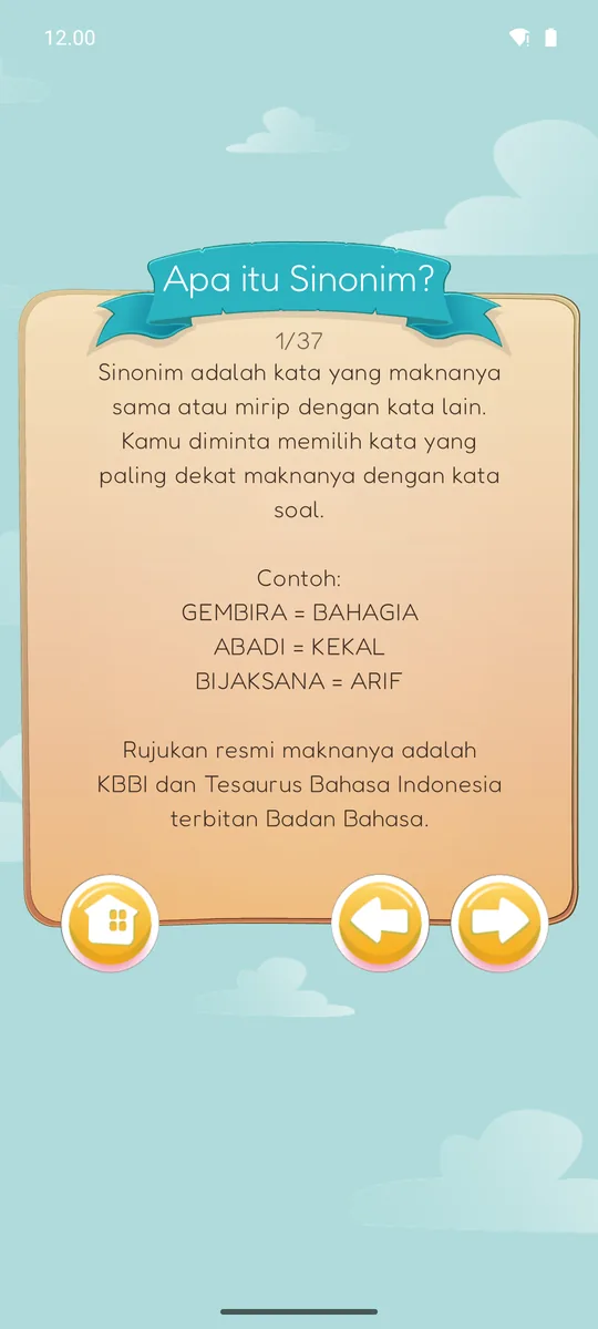 Layar materi berjudul Apa itu Sinonim? berisi definisi, contoh pasangan kata, dan rujukan KBBI