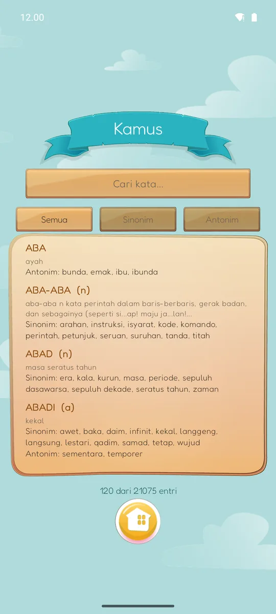 Layar kamus dengan kolom cari kata, filter Semua/Sinonim/Antonim, dan daftar entri KBBI beserta sinonim-antonimnya
