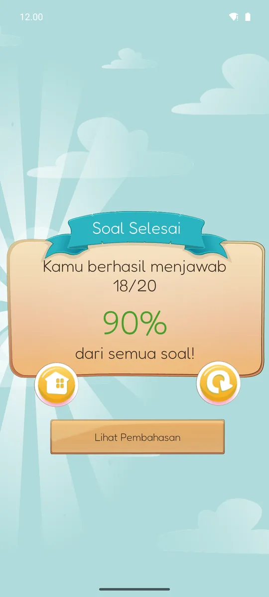 Layar hasil latihan menampilkan 18 dari 20 soal benar atau 90% dengan tombol Lihat Pembahasan