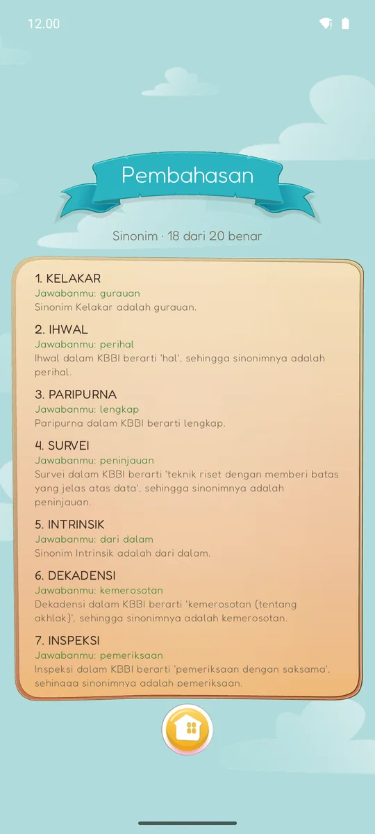Layar pembahasan berisi daftar soal, jawaban yang dipilih, dan penjelasan makna tiap kata menurut KBBI